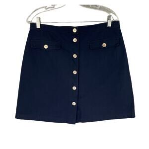 J Crew Sz 12 A-Line Mini Skirt Linen Blend Navy Blue Button Front Pockets Lined